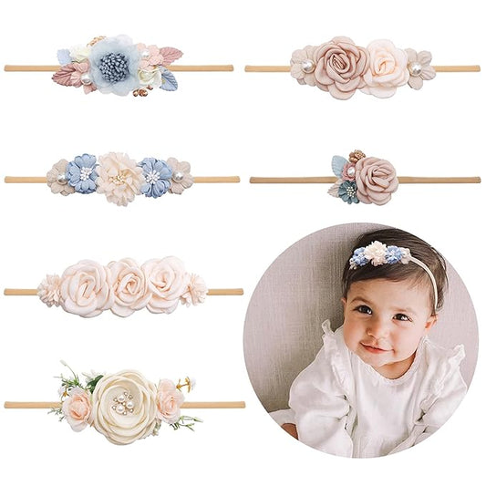 Baby Girl Flower Headband 6 PCS Elastic Hairbands Handmade Nylon Bows Headbands Chic Floral Hair Accessories Kids Gifts for Newborn Infant Toddlers