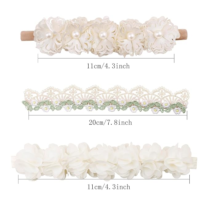 Baby Girl Flower Headbands and Bows, Stretchy Soft Nylon Floral Crown, 3pcs Handmade Hair Accessories for Newborn Infant Toddler