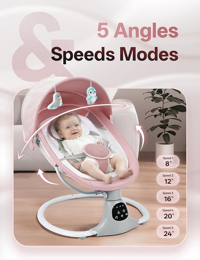 Electric Baby Swing for Infants to Toddler, Portable Swing Baby Rocker with 5 Point Harness, 5 Sway Speed, Bluetooth,12 Preset Lullabies with Remote Control, Infant Swing for Baby Boys & Girls, Pink