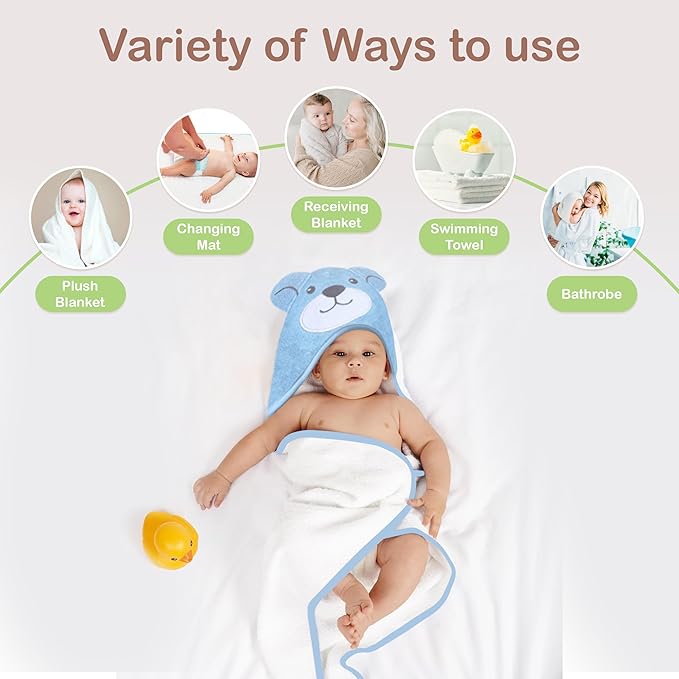 Mother's Choice 100% Organic Cotton Hooded Toddler Towels – Large Cotton, Ultra-Soft & Absorbent Baby Towels for Newborns, Infants, Toddlers, Boys & Girls with Animal Hood (Blue Bear)