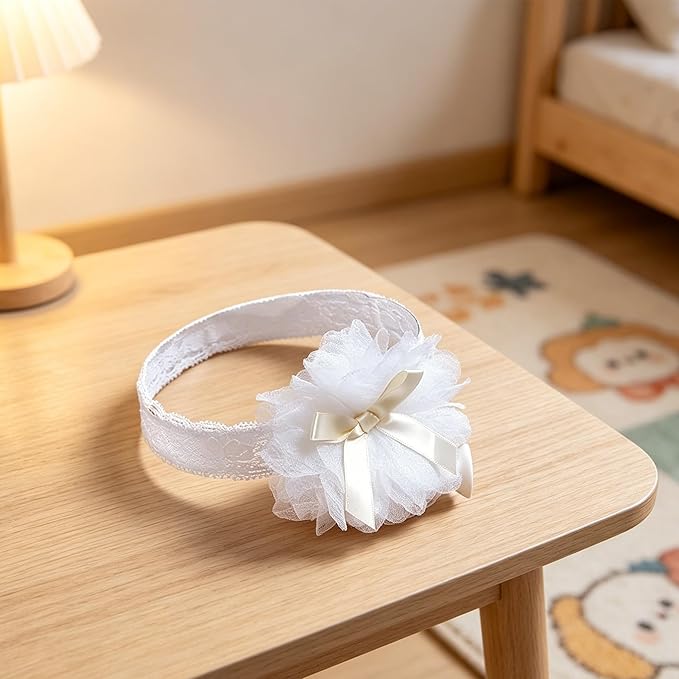 Baby Girls Hairband White Bow Lace Headbands Handmade Soft Stretchy Wide Head Band Newborn Hairbands with Bows Pearls Elastic Headband for Infant Hair Accessories（Ribbon Big Flower）
