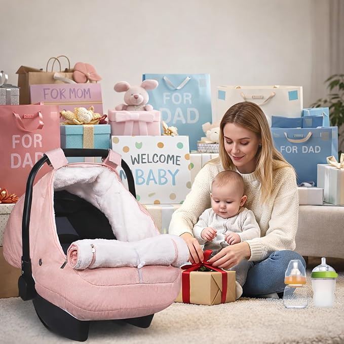 Winter Car Seat Cover for Baby Girl, Waterproof Infant Carseat Cover with Warm Plush Lining & Dual Zippers, Universal Carseat Cover Baby Winter Protector with Ventilation and Windproof Design (Pink)
