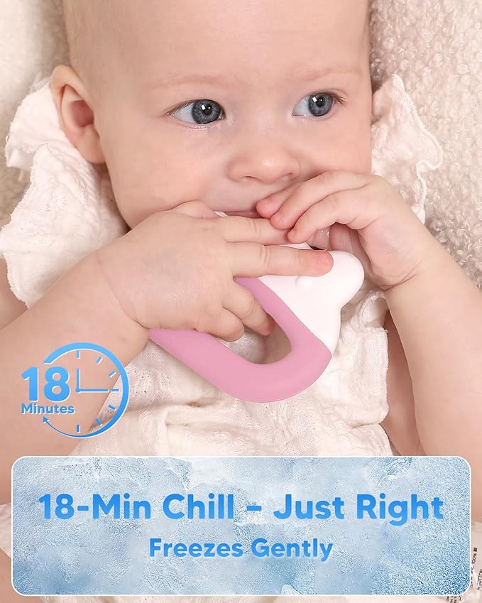 Water-Filled Freezable Baby Teether – Cooling Teething Toy for Babies 3+ Months, Gentle Comfort for Sore Gums, Includes Reusable Freezer Bags – Frog Pink