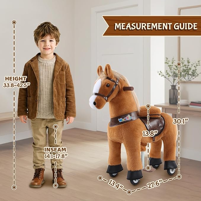 WondeRides Ride on Horse Pony Brown Riding Horse Size 3 for Kids Age 3-4, 30.1 Inch Height Riding Pony Ride Plush Giddy up Rocking Mechanical Walking Animal Horse for Boys and Girls M345
