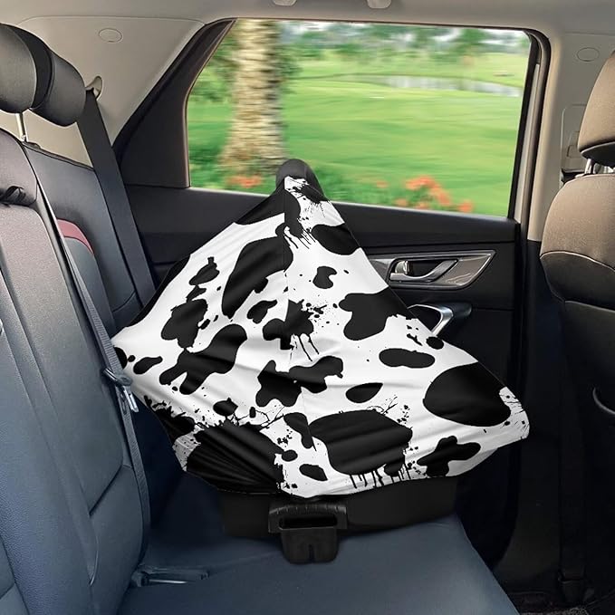 Car Seat Covers Canopy Cover- Multi-use Cover Carseat Canopy, Black White Cow Painting Breathable Breastfeeding Protector for Babies, Boys & Girls Shower Gifts