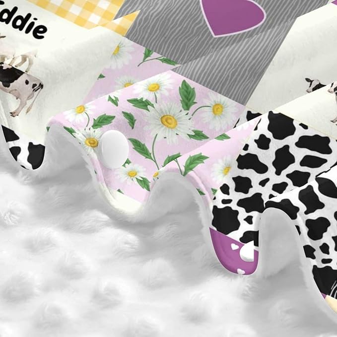 Personalized Farm Cow and Flower Plaid Baby Infant Car Seats Canopy for Babies with Name, Custom Multi-use Blankets for Baby Boys Girls, Peekaboo Minky Nursing Stroller Cover Canopies for Newborn