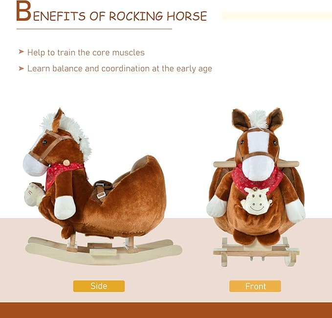 Qaba Kids Ride-On Rocking Horse Toy, Rocker with Lullaby Song, Hand Puppets & Soft Plush Fabric for Children 18-36 Months, Brown