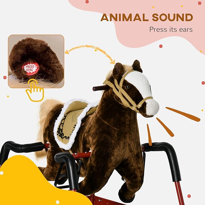 Qaba Kids Spring Rocking Horse, Ride on Horse for Girls and Boys with Animal Sounds, Plush Animal Ride-on Toy with Soft Feel, Interactive Toy for Kids, Dark Brown