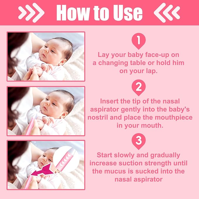 Nasal Aspirator for Baby, Nasal Congestion Relief Nose Cleaner with 2 Silicone Tips 25 Hygiene Filter for Babies Infants Toddlers Boys Girls (Pink)
