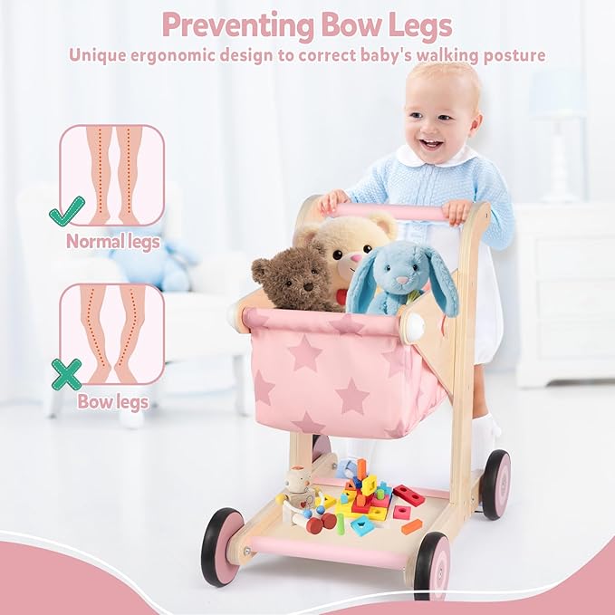 Asweets 2 in 1 Wooden Baby Walker Push and Pull Doll Stroller, Shopping Cart Learning Walker for Boys and Girls, Sit Stand Learning Toddler Toy (Pink)