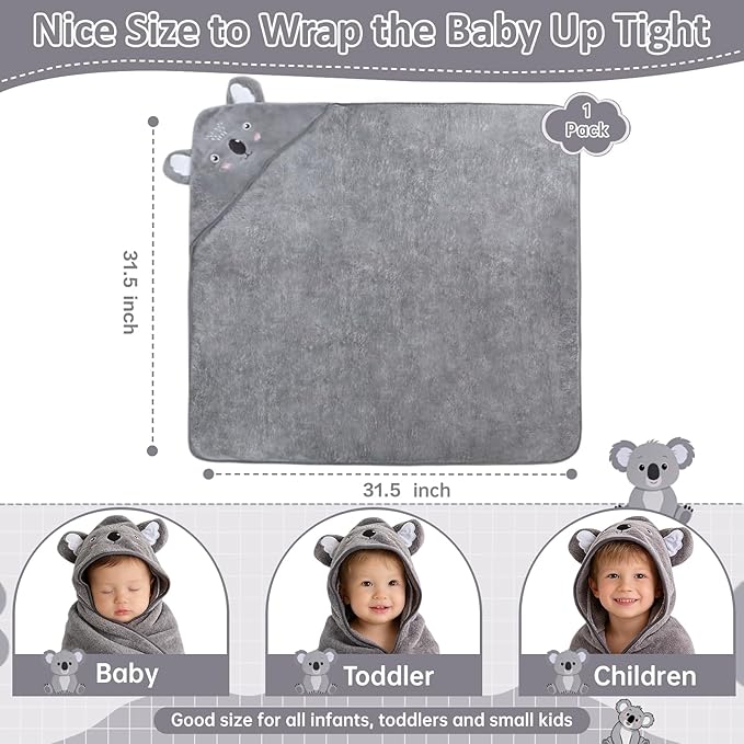 Hooded Baby Towel, Premium Soft Coral Fleece Baby Towel for Baby, Newborns, Toddlers, Infant- Ultra Absorbent, Natural Baby Stuff Towel with Hood for Boys and Girls (Gray Koala)