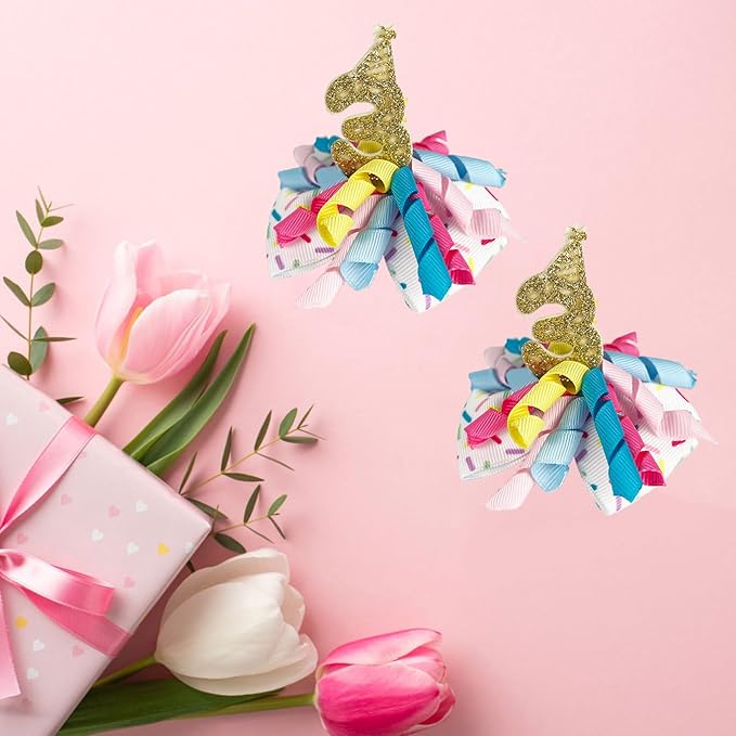 Birthday Hair Clips for Baby Girls - 2Pc Curly Ribbon with Gold Number Bow Hair Clips for 3rd Birthday Baby Bow Party Decorations for Girls Toddlers Hair Accessories (Gold Number- 3 Years)