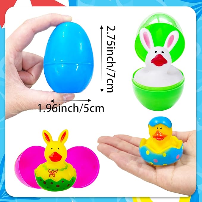 18 Pcs Prefilled Easter Eggs with Bunny Duckies,Bright Colorful Easter Eggs Filled with Rubber Duck,Squeeze Duckies Bunny Bathtub Toys for Easter Basket Stuffers,Bath Toys,Party Favors
