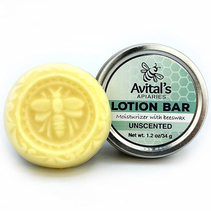 Avital's Apiaries Unscented 1.2 oz Beeswax Lotion Bar – Solid Body Butter Bar for Sensitive Skin – Natural Moisturizer with Shea Butter & Avocado Oil – Plastic-Free Skincare