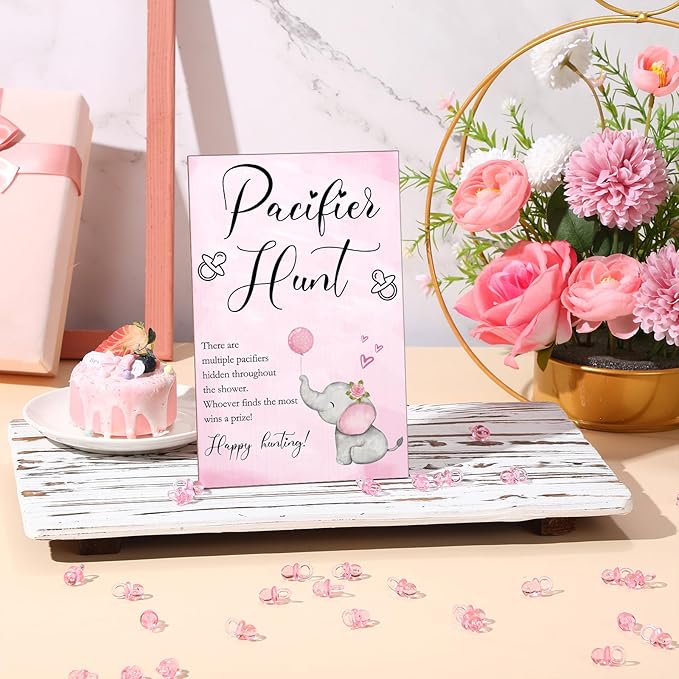 Roowest 51 Pcs Pacifier Hunt BabyShower Games Include Wooden Hunt Sign and 50 Acrylic Mini Plastic Pacifiers for BabyShower Game Decoration Gift Sets Gender Reveal Party(Elephant,Pink)