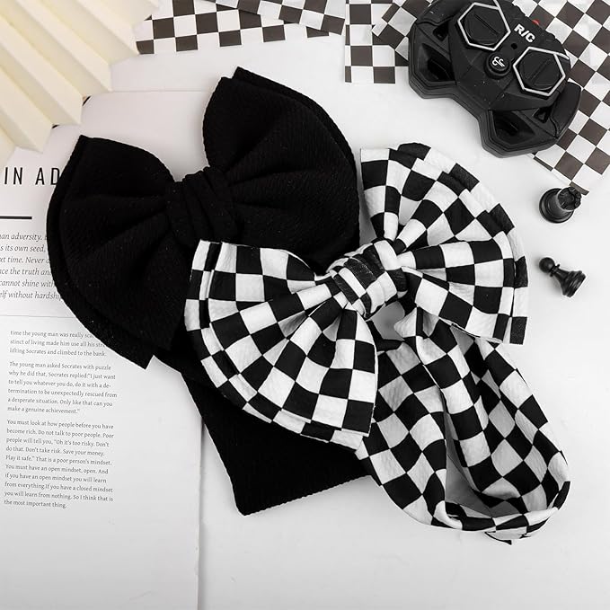 YanJie 2PCS 7’’ Black Bows for Baby Girls Checkered Headband Double Layered Bow Infants Toddler Hair Accessories Newborn Headbands Baby Clothes