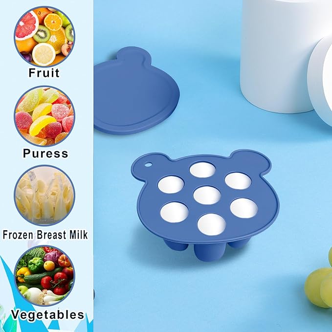 6-in-1 Baby Fruit Feeder Pacifier & Baby Food Feeder Set – Silicone Breastmilk Popsicle Mold with Freezer Tray, Teething Relief Toy, BPA Free Infant Feeder, 3 Sizes (S/M/L) Sacs (Steel Blue)