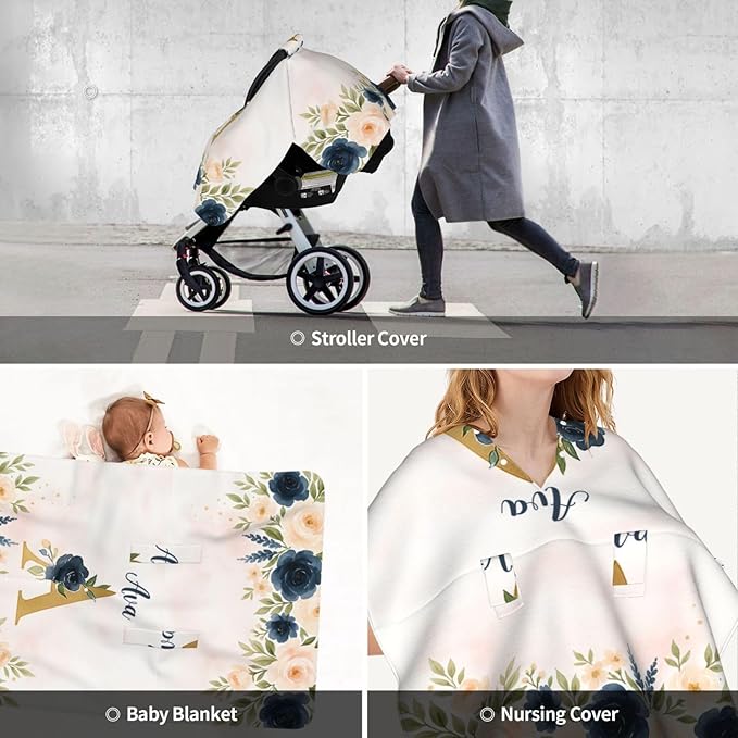 Personalized Baby Car Seat Canopy for Babies, Custom Name Car Seat Covers for Baby Girls,Rose Navy Pink Opening Minky Nursing Breastfeeding Cover for Infant, Carseat Canopies for Newborn