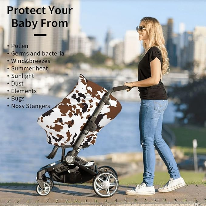 Brown Cow Print Baby Car Seat Covers, Cow Print Western Baby Stuff Multi-use Carseat Canopy for Boys and Girls Stretchy Infant Carseat Cover Shower Gifts