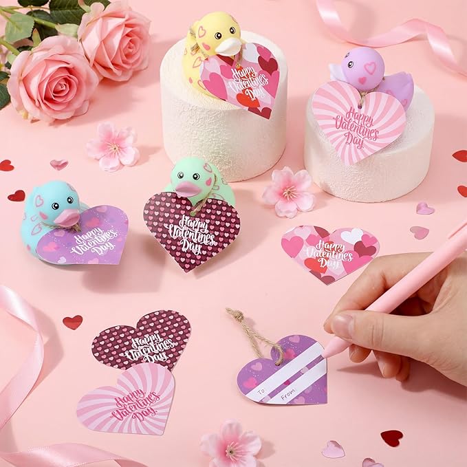 Jerify 24 Pcs 2 Inch Valentines Rubber Ducks Bulk with Gift Cards Mini Heart Rubber Duckies Bath Toys Valentine's Day Gift for Kids Classroom Favors Prizes Exchange (Macarons)