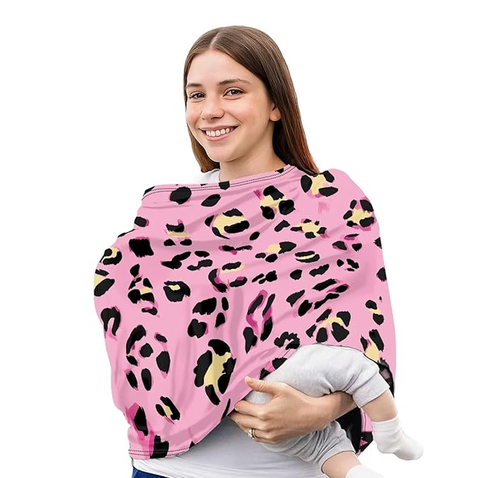 Forchrinse Pink Leopard Print Car Seat Cover for Baby Soft Stretchy Breastfeeding Nursing Cover Multi Use Cover for Shopping Cart/High Chair/Stroller