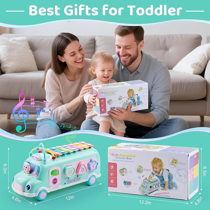 5-in-1 Baby School Bus Xylophone Toys for 1 Year Old Girl Gifts, Educational Baby Toy 6-12-18 Month, 1st Birthday Gril Gift, Toddlers Montessori Musical Baby Bus with Shape Sorter & Knock Hammer