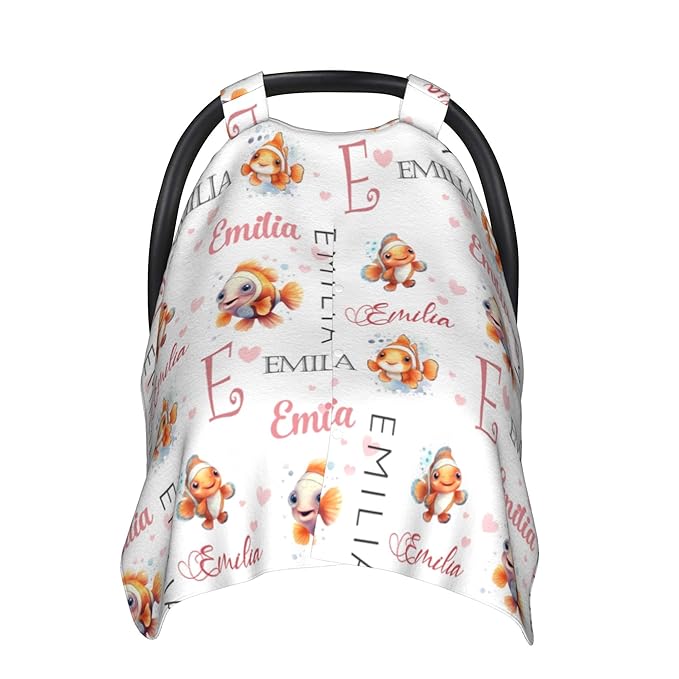 Custom Baby Car Seat Canopy Personalized Car Seat Covers with Name for Baby Boys Girls Customized Clownfish Nursing Breastfeeding Cover Infant Carseat Canopies Newborn Minky Baby Blanket