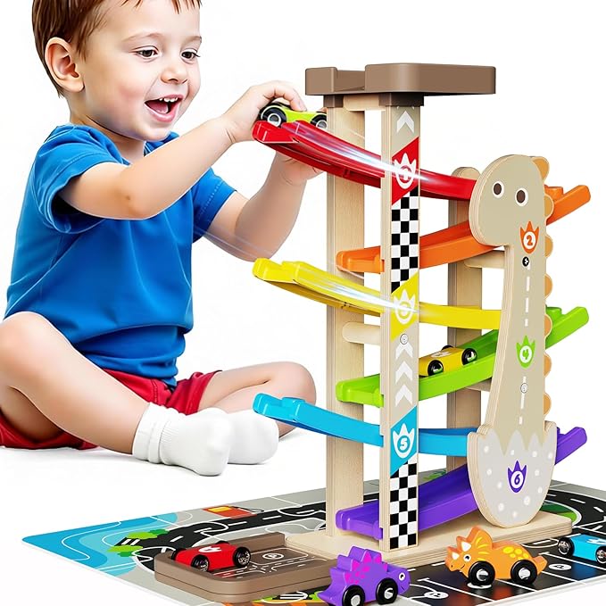 Wooden Car Ramp Set for Toddlers 1-3 Years Old Montessori Race Track Toy with 8 Mini Cars, Garage & Parking Lot, Educational Learning Toys First Birthday Baby Gifts for Boys & Girls 2-4 Year Old Kids