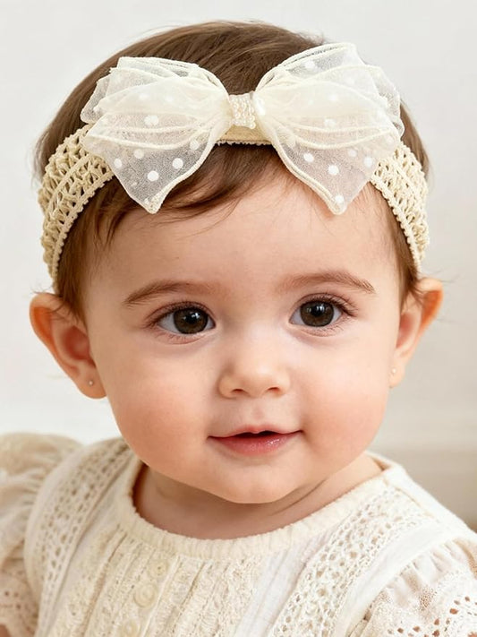 Baby Girls Hairband White Bow Lace Headbands Handmade Soft Stretchy Bowknot Hairbands Newborn Headband with Bows Pearls Elastic Head Band for Newborn Infant(Gauze Polka Dot Bow)