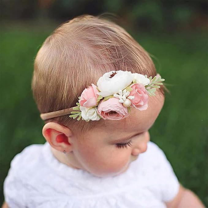 Baby Girl Flower Headband 4 PCS Elastic Hairbands Handmade Nylon Bows Headbands Chic Floral Hair Accessories Kids Gifts for Newborn Infant Toddlers