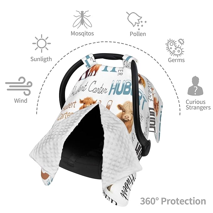 Personalized Highland Cow Carseat Cover for Baby Custom Name Car Seat Canopy for Newborn Baby Boys Girls 2 in 1 Mom Nursing Breastfeeding Covers Minky Baby Carrier Stroller Covers