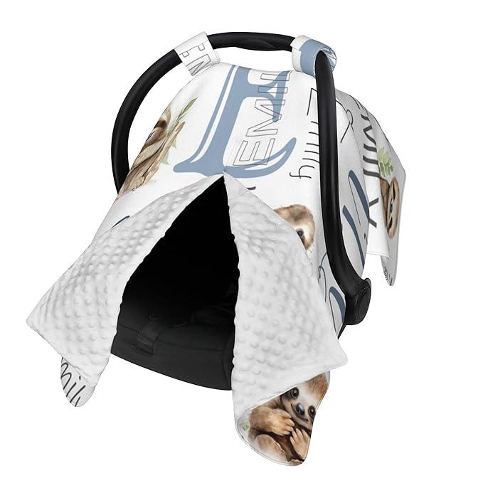 Personalized Baby Car Seat Cover Custom Name CarSeat Canopy Customized Sloth Newborn Nursing Breastfeeding Cover Minky Baby Blanket Infant Car Seat Canopies for Baby Girls Boys