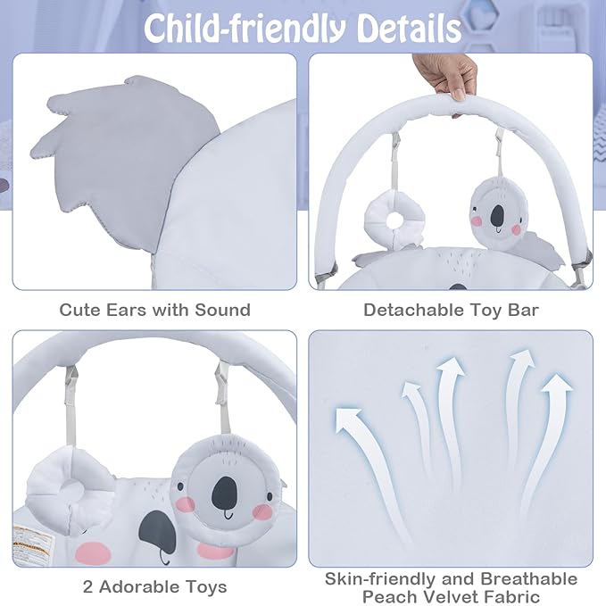 HONEY JOY Baby Bouncer, Portable Infant Newborn Rocker & Stationary Seat w/Soothing Vibrations, Removable Bar, Music, Safety Harness, Bouncer Seat for Babies 0-6 Months up to 20 lbs, Gray Koala