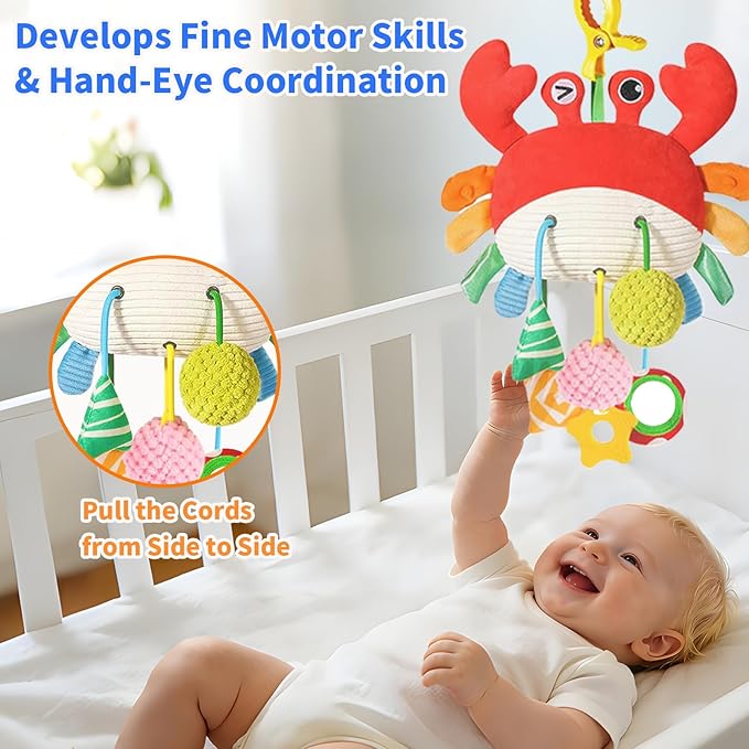 Ivrmtal Car Seat Toys for Babies, Crab Baby Toys 0-6 Months Infant Carseat Hanging Stroller Accessories Sensory Newborn Easter Gift 1 2 3 4 5 6 Month Old Boy Essentials Stuff with Clip, Rattle, Mirror