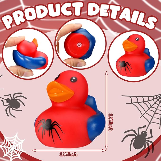 Leyndo 24 Pcs Spider Rubber Duck Bulk Spider Birthday Party Decoration Favors Squeaky Red Blue Duck for Bathtub Floating Pool Gifts Party Supplies