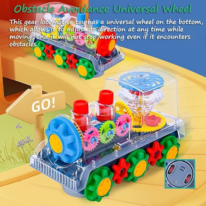 Miracland Transparent Gear Locomotive Toy, Light-up Train Toy Railway Engine Model Toy Toddler Musical Toy 3D Gears Bump & Go Car Toy for Kids with 360° Rotation Function, Lights and Music