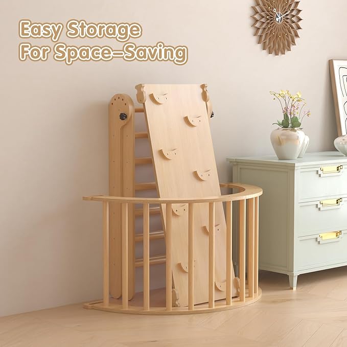 5 in 1 Montessori Pikler Triangle Climbing Set, Large Indoor Foldable Wooden Baby Climbing Gym Climber with Arch Slide for Toddler 1-3