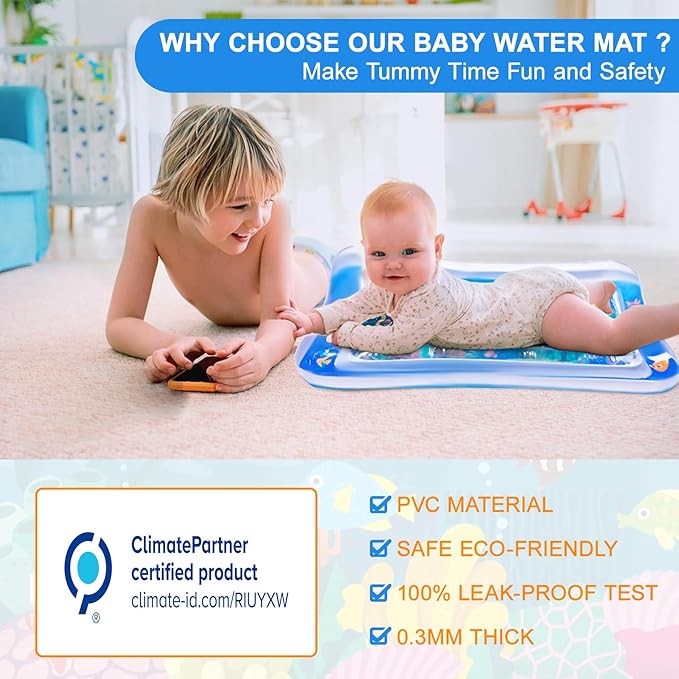 Baby Water Mat, 27x20in Inflatable Tummy Time Watermat with Climate Pledge Friendly, Safe Water Play Mat Sensory Toy for Infants 3-36 Months, Portable Travel Water Pad for Baby Gift (Blue)