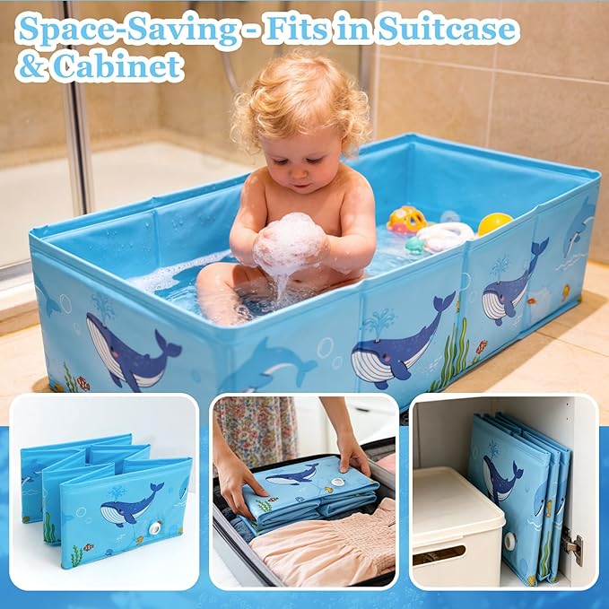 AirSwim Collapsible Baby Bathtub, Foldable Bathtub with a Drain Plug for 6M-4Y Infant Toddler, Space Saving Portable Baby Bath Tub for Travel, Quick Drain and Easy to Clean, No Assembly Required, Blue