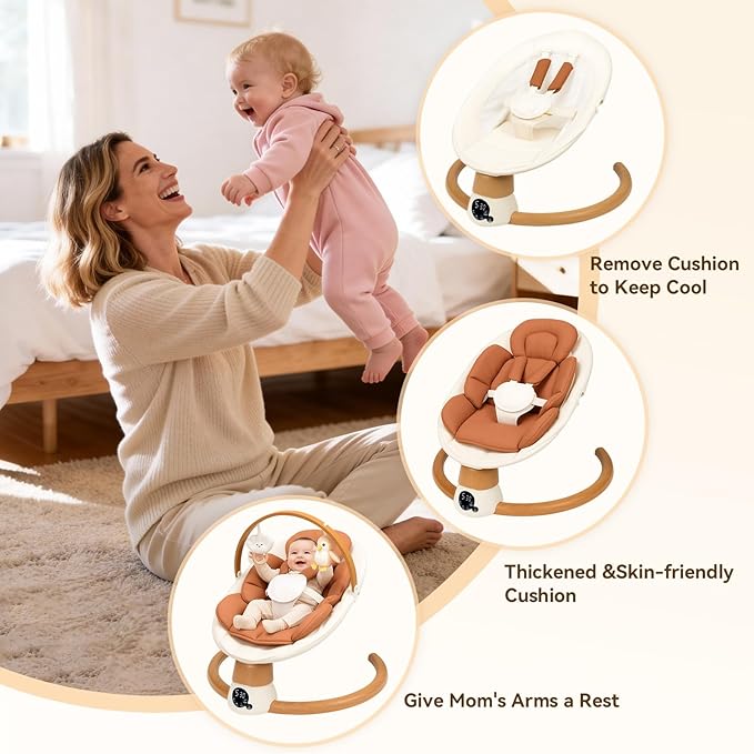 Baby Swings for Infants | Electric Portable Baby Swing with Bluetooth, 5 Swing Speed, 3 Timer Settings, 10 Lullabies, 5-Point Harness & Remote Control | Newborn Swing for Indoor & Outdoor (Brown)