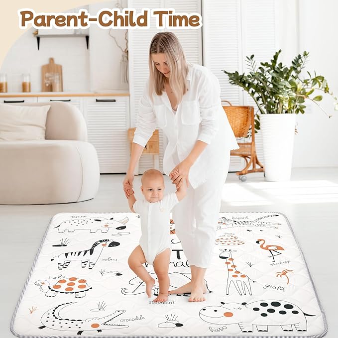 Baby Play Mat for Floor,Soft 50x50 Playpen Mat,Thick Foam Playmat for Tummy Time,Safe Non-Slip Backing for Kids,Line Animals