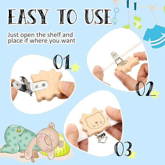 Boao 10 Pcs Wood Pacifier Clips Toy Suspender Clips Charm DIY Pacifier Holder for Baby Toddler Teething Grasping Accessory (Cute)