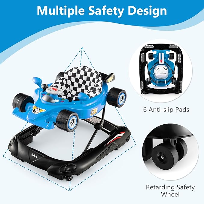 INFANS Foldable Baby Walker, 3 in 1 Toddler Activity Center Leaning-Seated Walk-Behind with Steering Wheel, Adjustable Height, Lights, Music, Washable Seat Cushion (Blue)