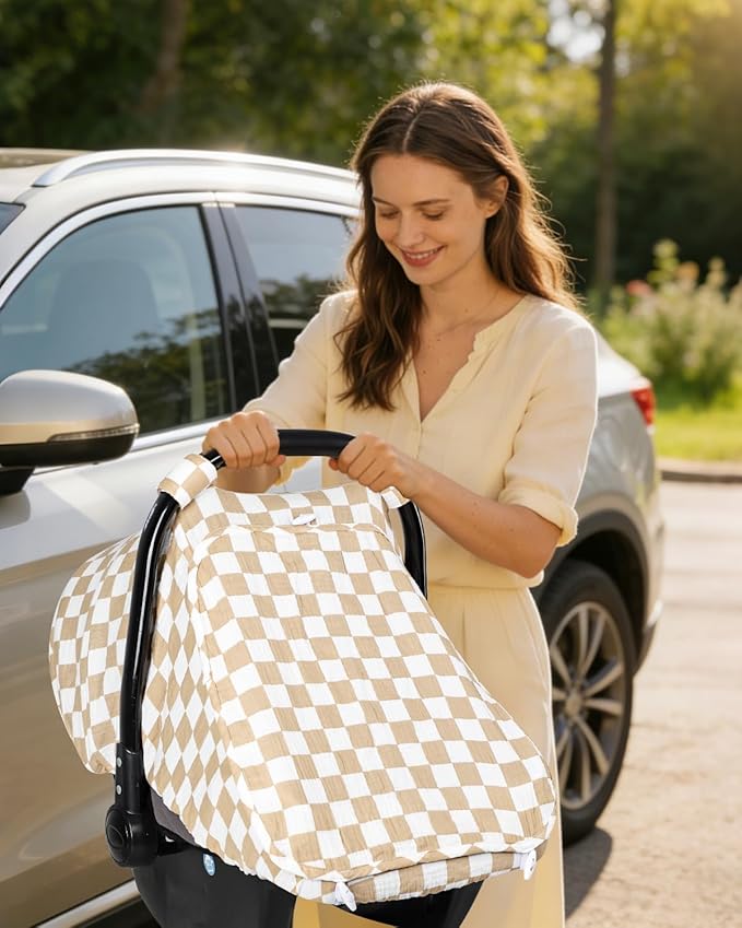 DILIMI Car Seat Covers for Babies, Muslin Cotton Baby Car Seat Cover with Breathable Mesh Window, Summer Infant Car Seat Canopy for Boys Girls Newborn, Brown Plaid