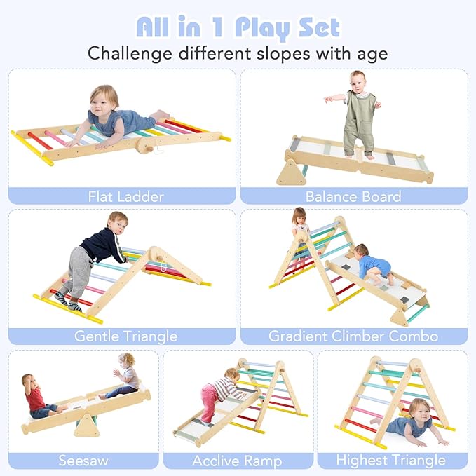 Olakids Pikler Triangle Set 7 in 1 Climbing Toys for Toddlers Foldable Baby Wood Montessori Jungle Gym with Angle Adjustable Ladder Seesaw Ramp Indoor Playground (Colorful)