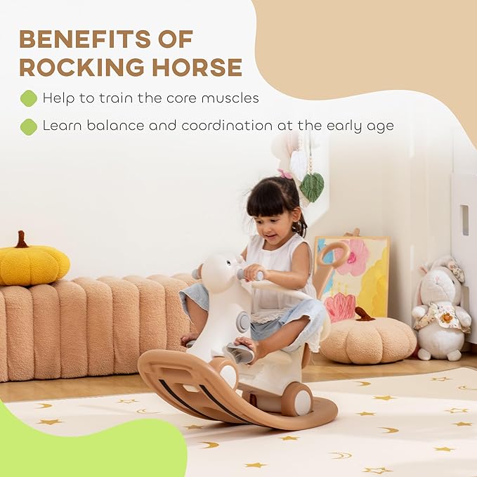 Qaba 4-in-1 Rocking Horse for Toddlers 1-3 Years, Baby Rocking Horse with Detachable Balance Board and Push Handle, Alpaca-Shaped Ride On Toy with 4 Smooth Wheels, for Baby Girls and Boys, Brown