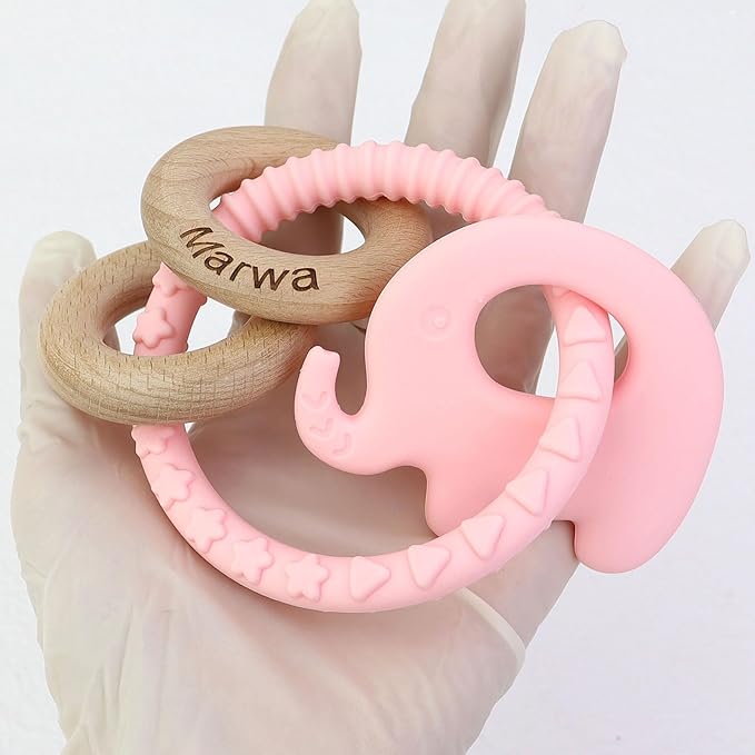 Personalized Teether Rattle with Name - Custom Teething Toys Wooden Ring Gift