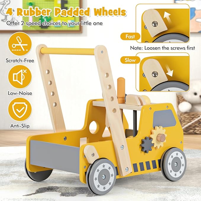 BABY JOY Wooden Baby Walker, Pretend Play Tool Bench, Push and Pull Learning Walker Activity Center, Toddler Montessori Educational Toy for Boys Girls