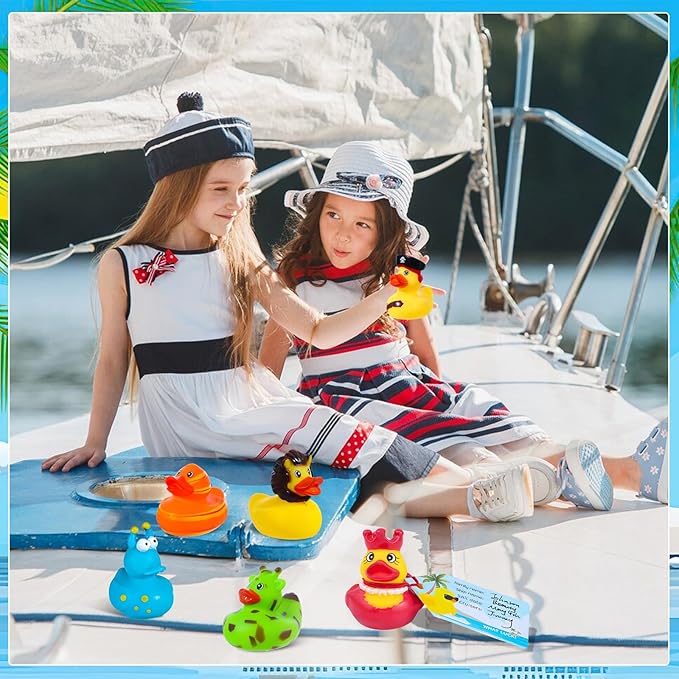 100Pcs Cruise Ducks Tags Kits Includes 30 Cruising Ducks with 30 Cruise Duck Tags & 40 Rubber Bands Assorted Random Rubber Ducks for Cruise Ship Hiding Ducks Easter Basket Stuffers