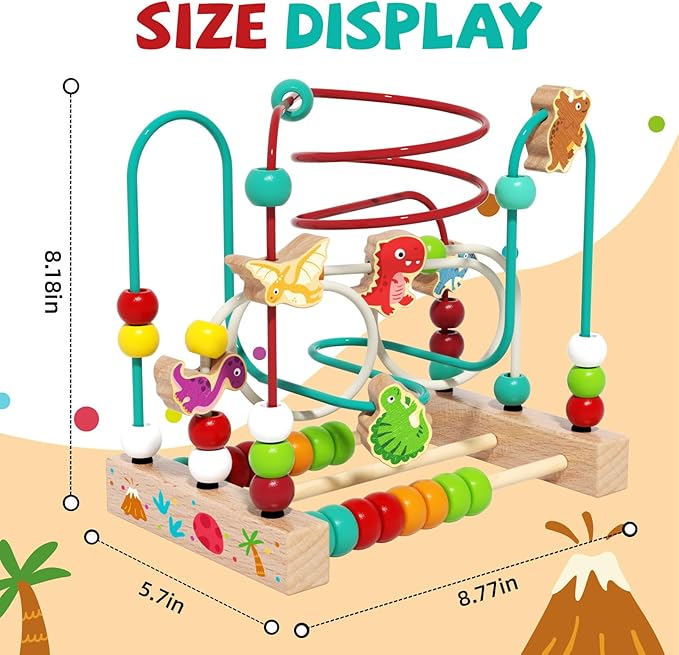 Wooden Bead Maze Roller Coaster Toys for Toddlers, Dinosaur Colorful Shape Montessori Toys for 2-3 Year Old, Educational Learning Counting Toy for Baby Kids, Gift for Girls Boys